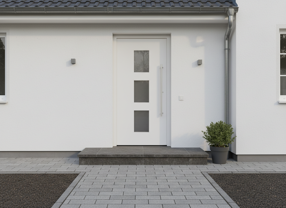 Haustür weiß, Kunststoff mit drei quadratischen Glaseinsätzen und langem Edelstahlgriff an modernem Haus