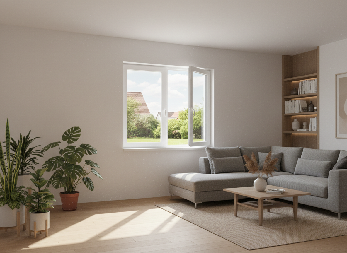 Kunststofffenster weiß aus Kunststoff, dreiflügelig mit offenem rechten Flügel, modernes Wohnzimmer mit Gartenblick