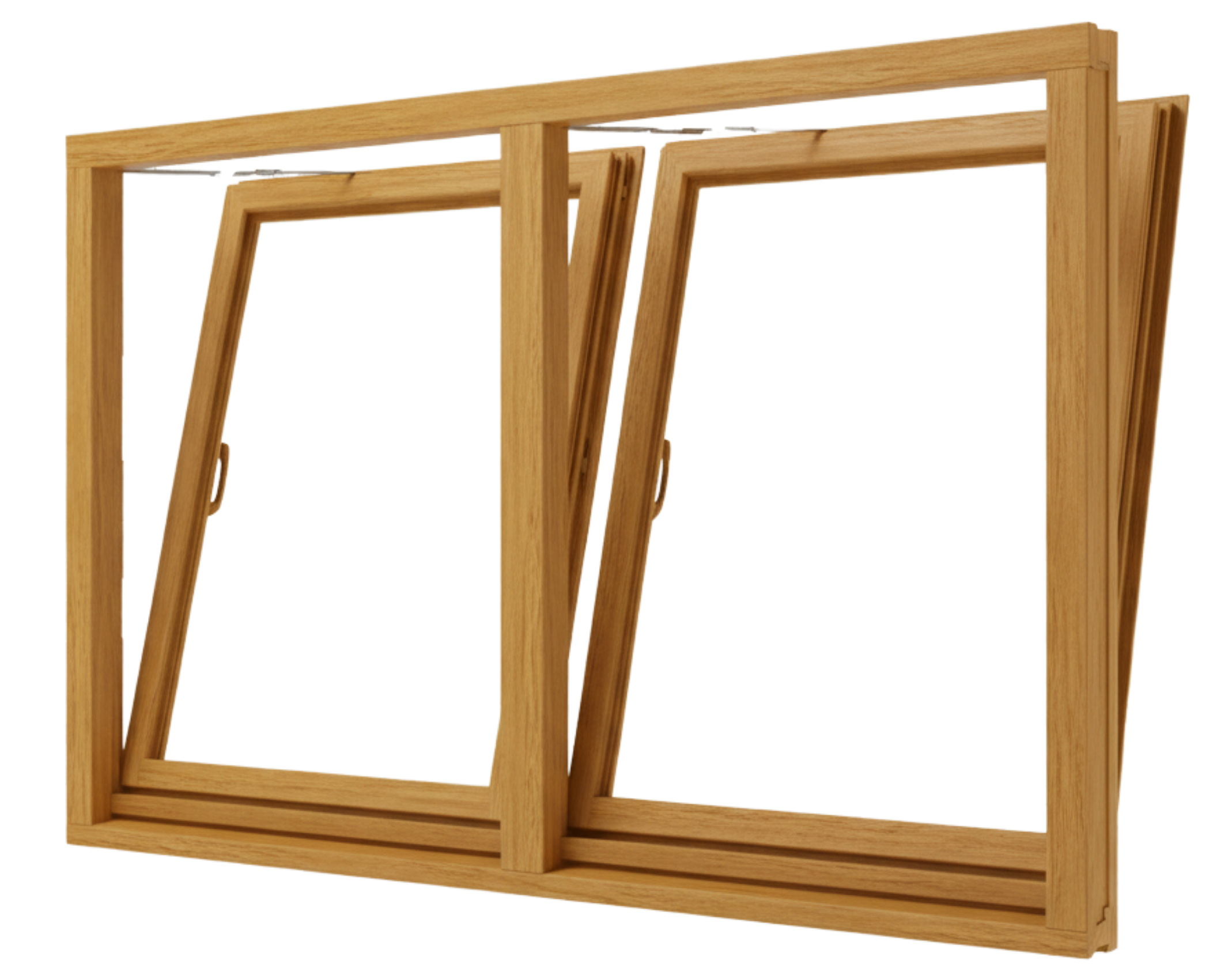 Holzfenster hellbraun aus Holz zweiflügelig mit Kippflügeln und Griff, sichtbarer Rahmen ohne Verglasung
