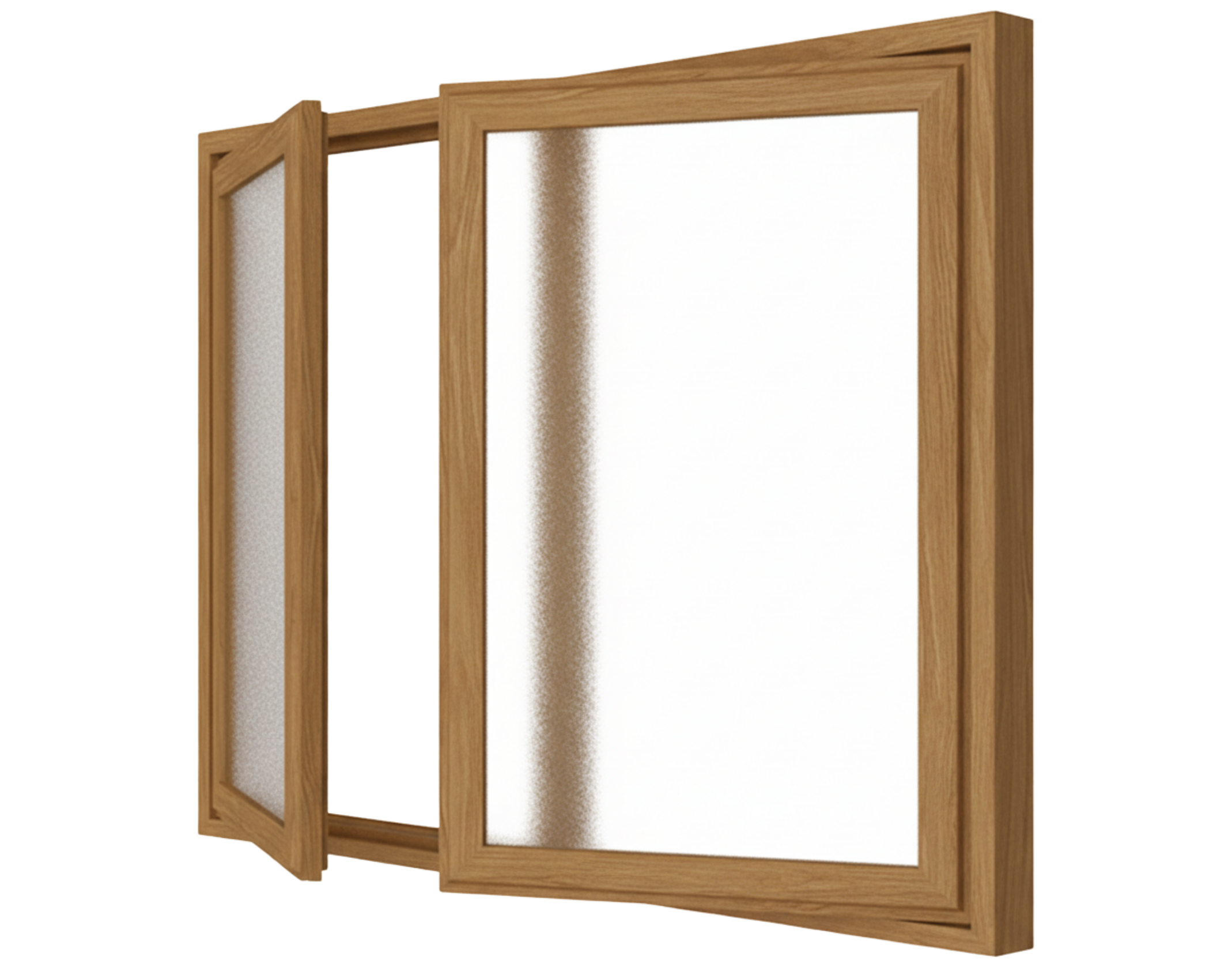 Holzfenster braun mit Holzrahmen, geöffnetem Flügel, großem Klarglas und satiniertem Seitenteil, modernes Design