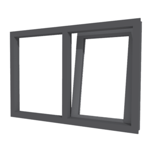 Aluminiumfenster anthrazit, zweiflügelig mit einem gekippten Flügel und schlankem Aluminiumrahmen