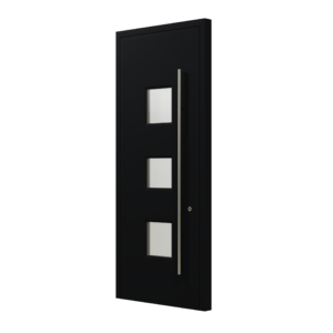 Schwarze Aluminium-Haustür mit drei rechteckigen Glaseinsätzen