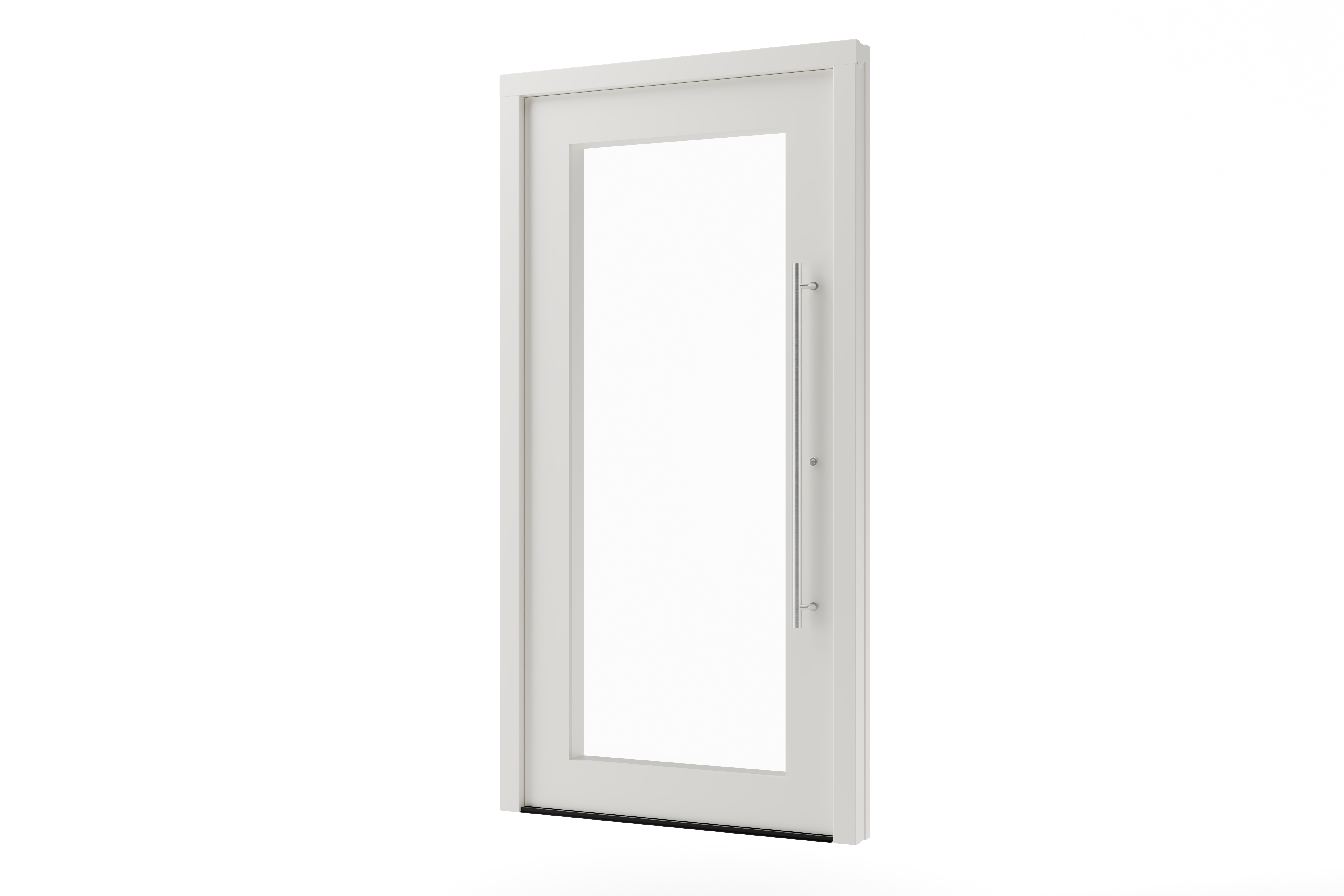Haustür weiß aus Kunststoff mit großer satinierter Glasfüllung und Edelstahlgriff