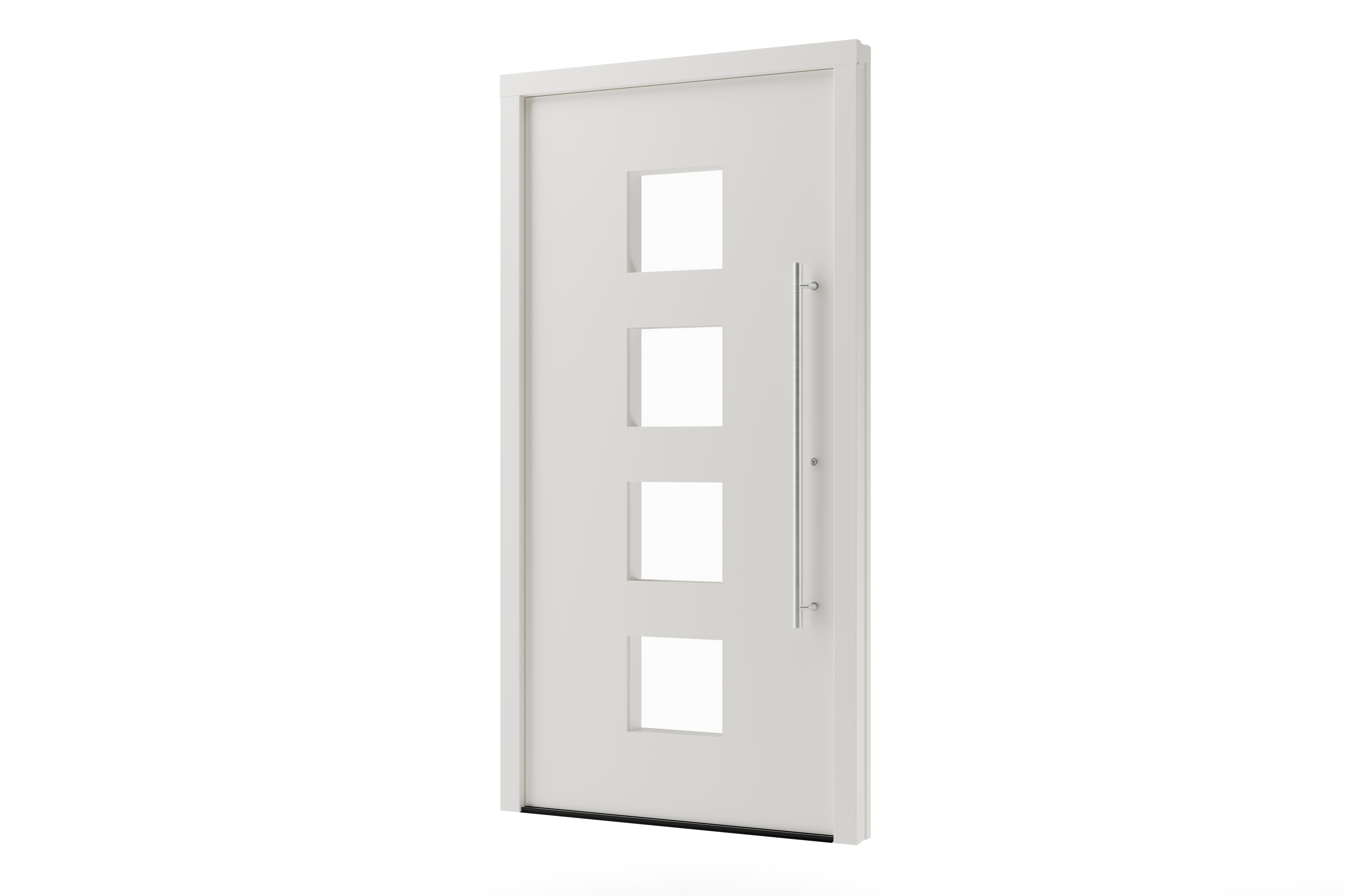 Haustür weiß aus Kunststoff mit vier quadratischen Lichtausschnitten und langem Edelstahlgriff, modernes Design